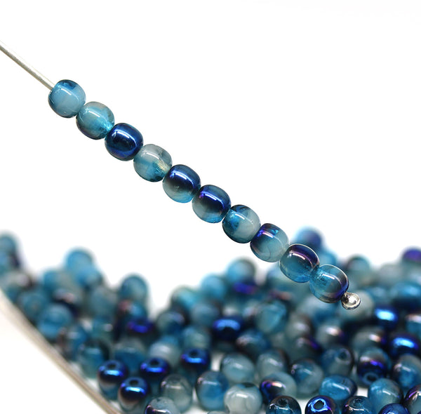 4mm Blue czech glass beads round druk spacers, 10gr