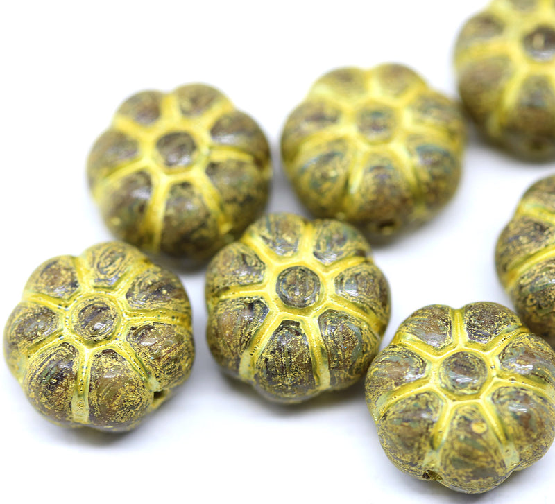 12mm Rustic yellow puffy pansy flower czech glass