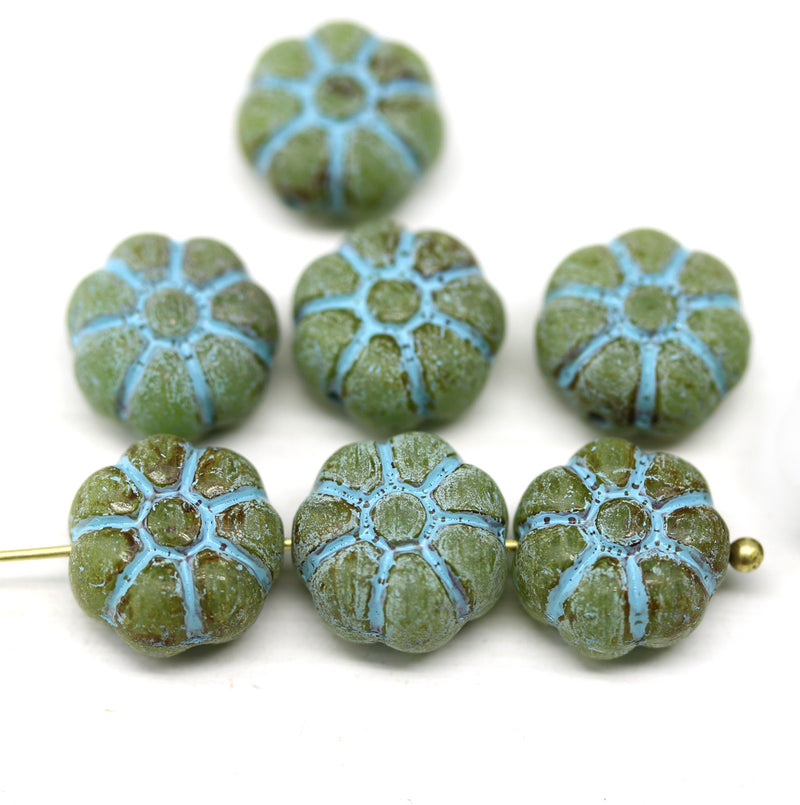12mm Rustic green puffy pansy flower czech glass