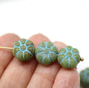 12mm Rustic green puffy pansy flower czech glass