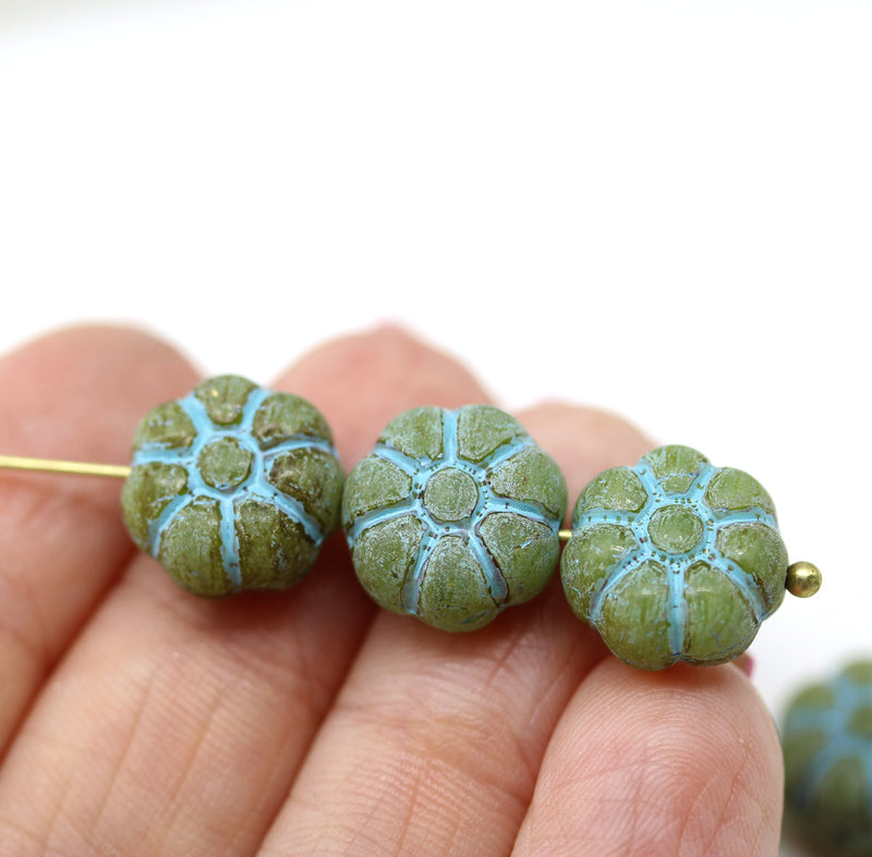 12mm Rustic green puffy pansy flower czech glass