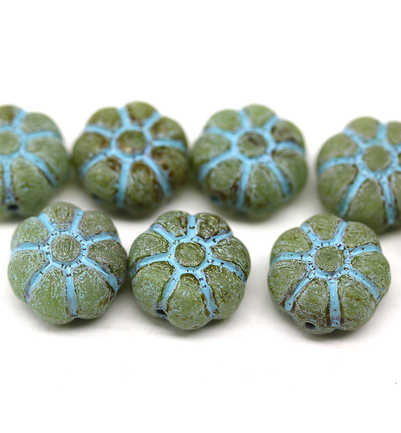 12mm Rustic green puffy pansy flower czech glass