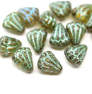 Lotus Czech glass beads Picasso green: two hole, 15pc