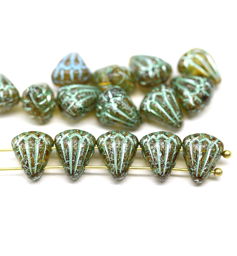 Lotus Czech glass beads Picasso green: two hole, 15pc