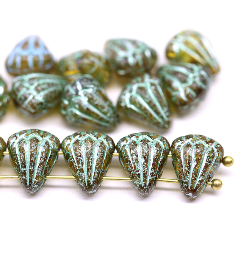 Lotus Czech glass beads Picasso green: two hole, 15pc