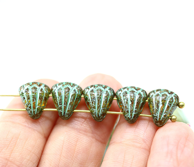 Lotus Czech glass beads Picasso green: two hole, 15pc