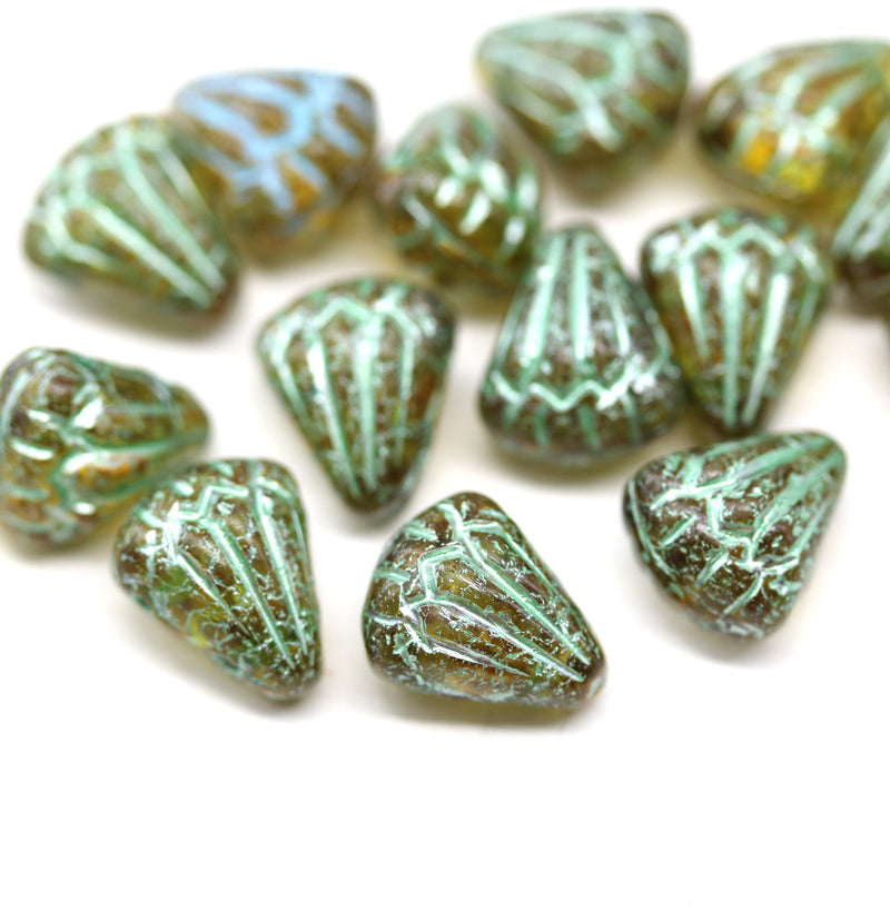 Lotus Czech glass beads Picasso green: two hole, 15pc