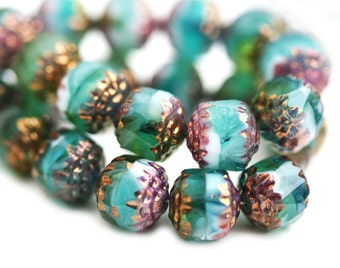 8mm Teal Green cathedral round fire polished ball beads 8pc