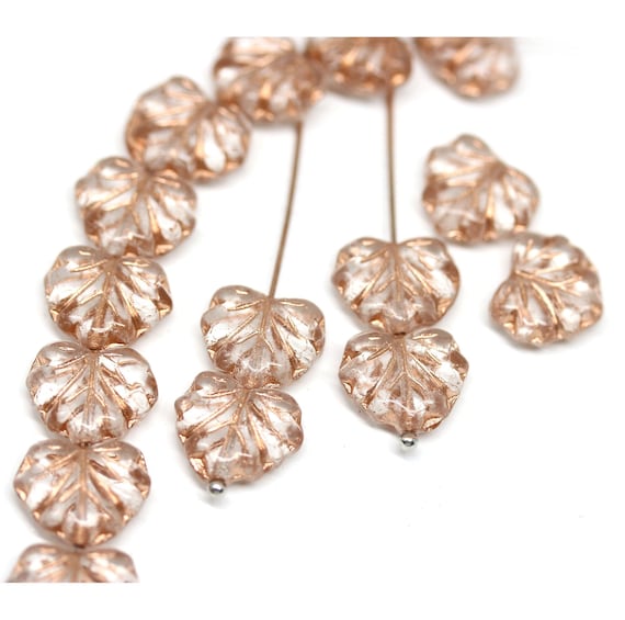 11x13mm Clear maple leaf Czech glass beads, copper inlays - 15pc