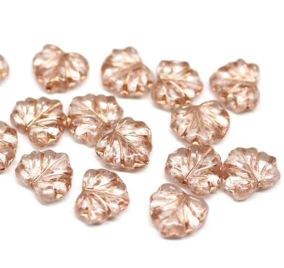 11x13mm Clear maple leaf Czech glass beads, copper inlays - 15pc