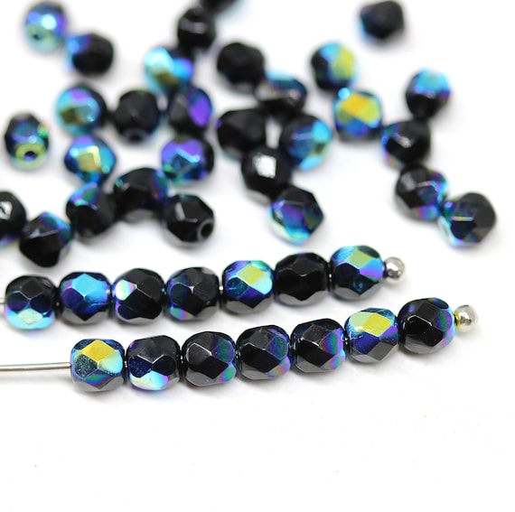 4mm Black czech glass fire polished beads dark blue luster, 50Pc