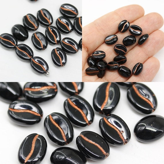 Coffee bean Czech glass beads - Black copper inlays - 15pc