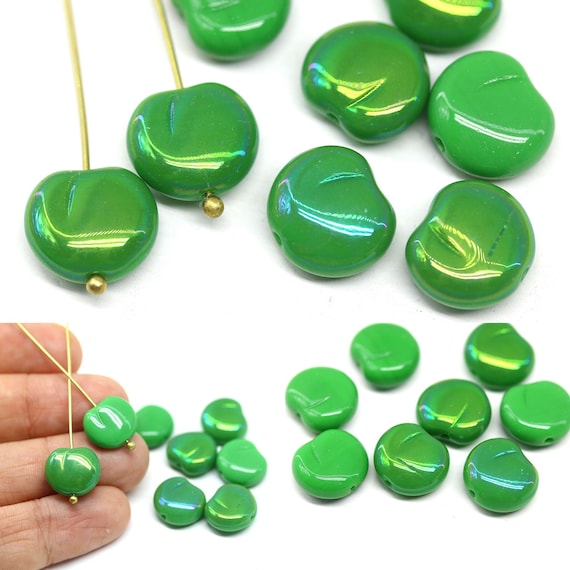 Apple Czech glass fruit beads Green luster, 8pc
