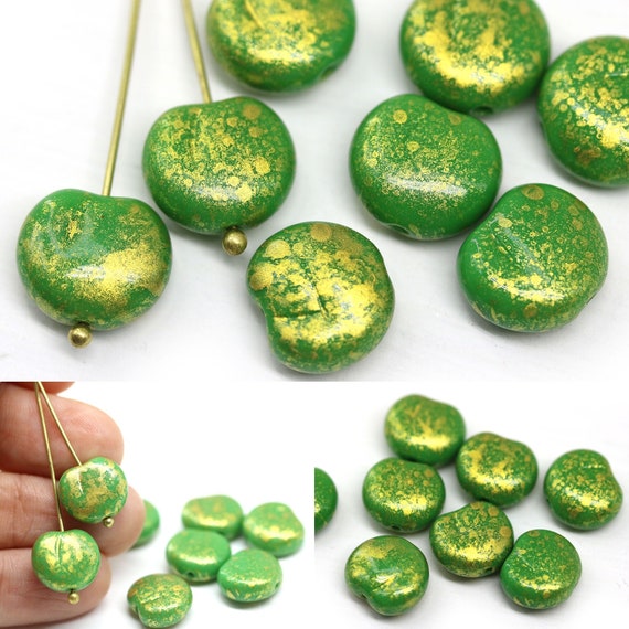 Apple Czech glass fruit beads Green gold wash, 8pc