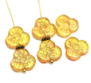 13mm Golden pansy flower beads Gold wash Czech glass daisy flower, 6pc