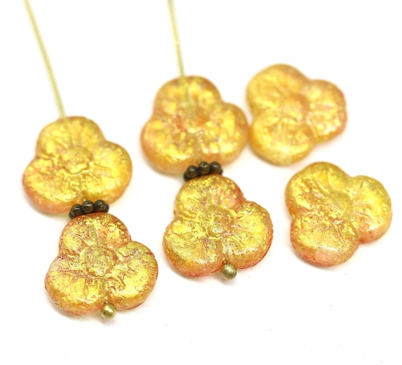 13mm Golden pansy flower beads Gold wash Czech glass daisy flower, 6pc