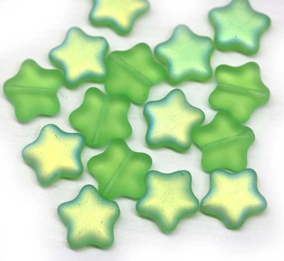 12mm Frosted green czech glass star beads, AB finish, 15pc