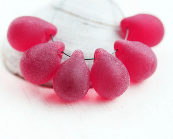 10x14mm Frosted red czech glass teardrop beads large briolette drop 6p