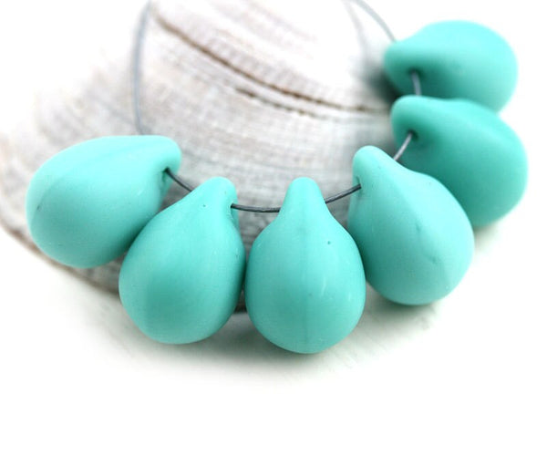 10x14mm Frosted turquoise czech glass teardrop beads large briolette drop 6p
