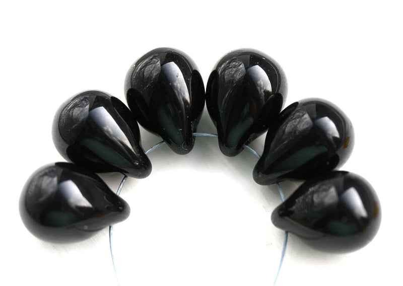 10x14mm Black czech glass teardrop beads large briolette drop 6p