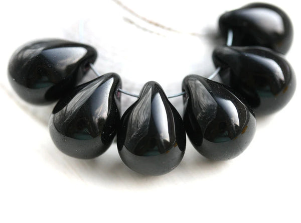 10x14mm Black czech glass teardrop beads large briolette drop 6p