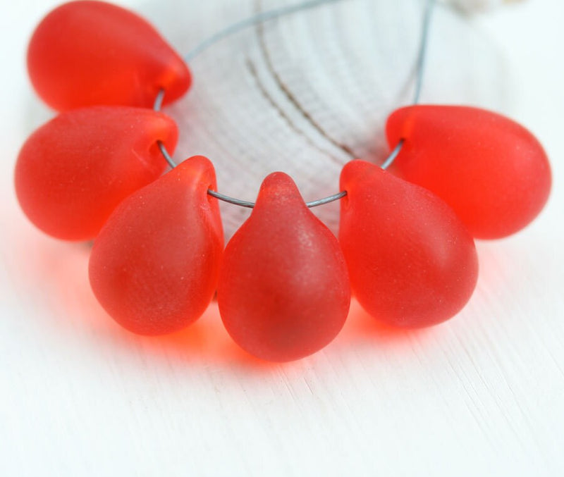 10x14mm Frosted light red czech glass teardrop beads large briolette drop 6p
