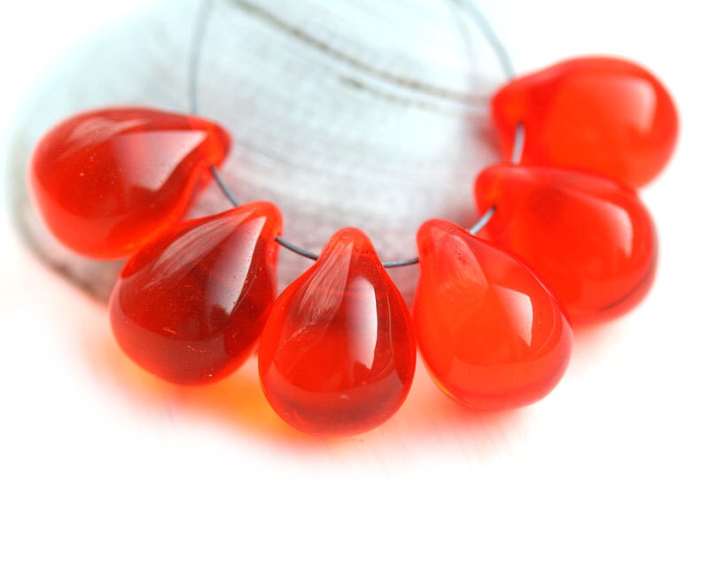 10x14mm Orange red czech glass teardrop beads large briolette drop 6pc