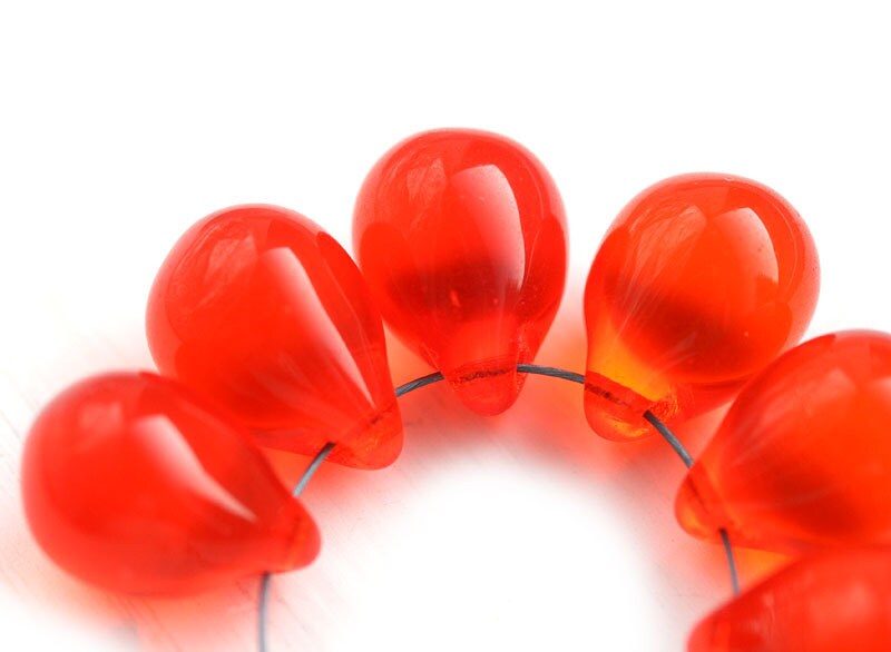 10x14mm Orange red czech glass teardrop beads large briolette drop 6pc