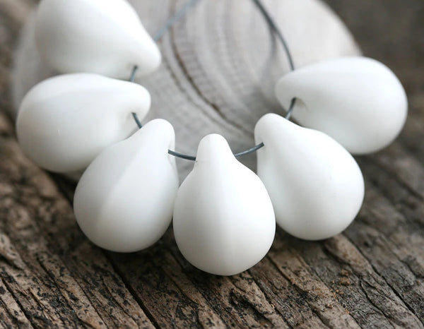 10x14mm Matte white czech glass teardrop beads large briolette drop 6pc