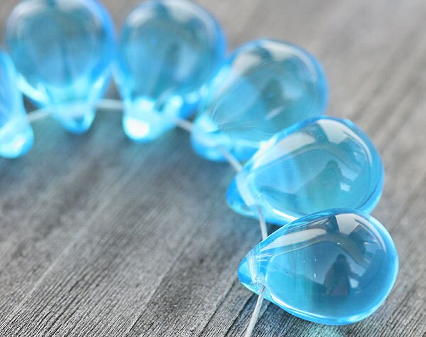 10x14mm Aqua blue czech glass teardrop beads large briolette drop 6pc