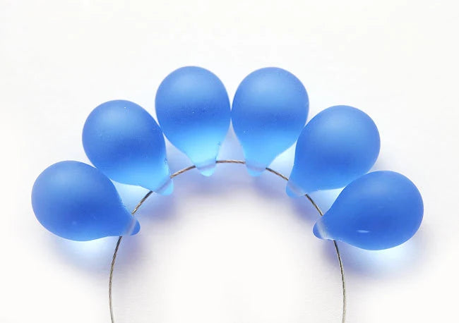10x14mm Frosted blue czech glass teardrop beads large briolette drop 6p
