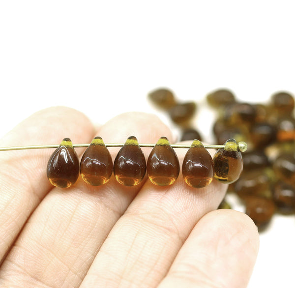 6x9mm Transparent brown teardrops, Czech glass drop beads 30pc