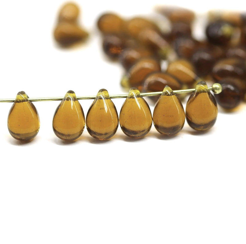 6x9mm Transparent brown teardrops, Czech glass drop beads 30pc