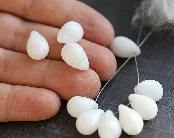10x14mm White czech glass teardrop beads large briolette drop 6pc