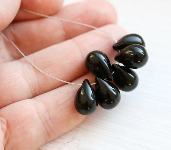 10x14mm Black czech glass teardrop beads large briolette drop 6p