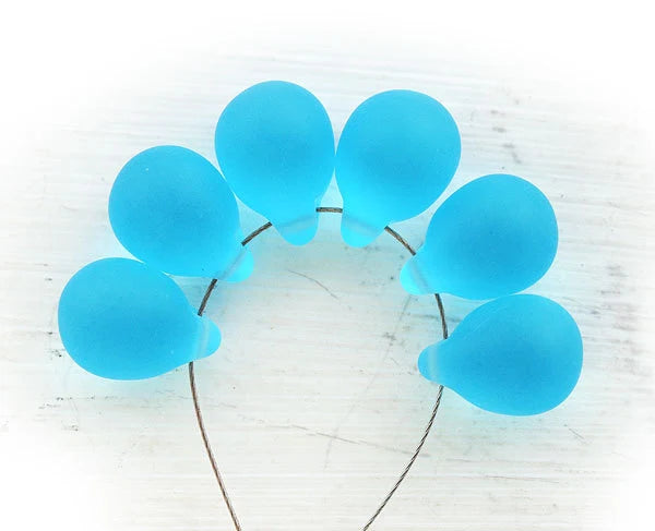 10x14mm Frosted aqua blue czech glass teardrop beads large briolette drop 6pc