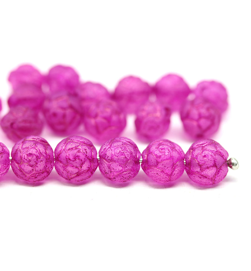  Rose Bud Czech Glass Beads Frosted Bright Pink 