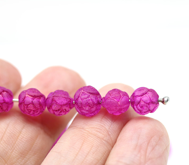  Rose Bud Czech Glass Beads Frosted Bright Pink 
