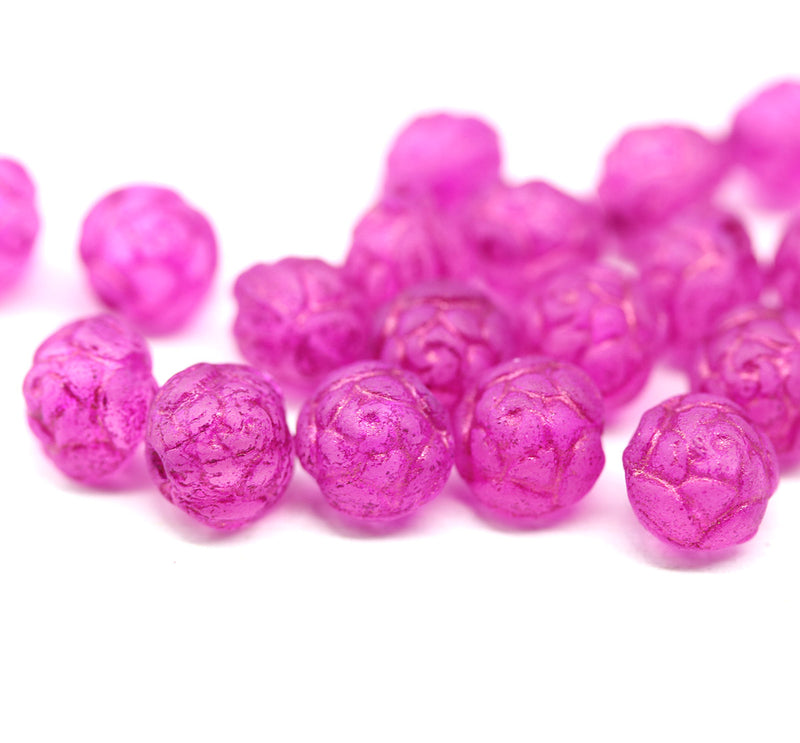  Rose Bud Czech Glass Beads Frosted Bright Pink 