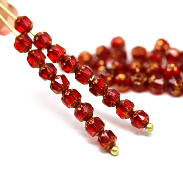 4mm Red glass cathedral czech glass beads, golden ends