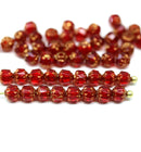 4mm Red glass cathedral czech glass beads, golden ends