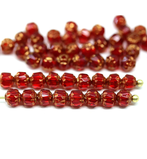 4mm Red glass cathedral czech glass beads, golden ends