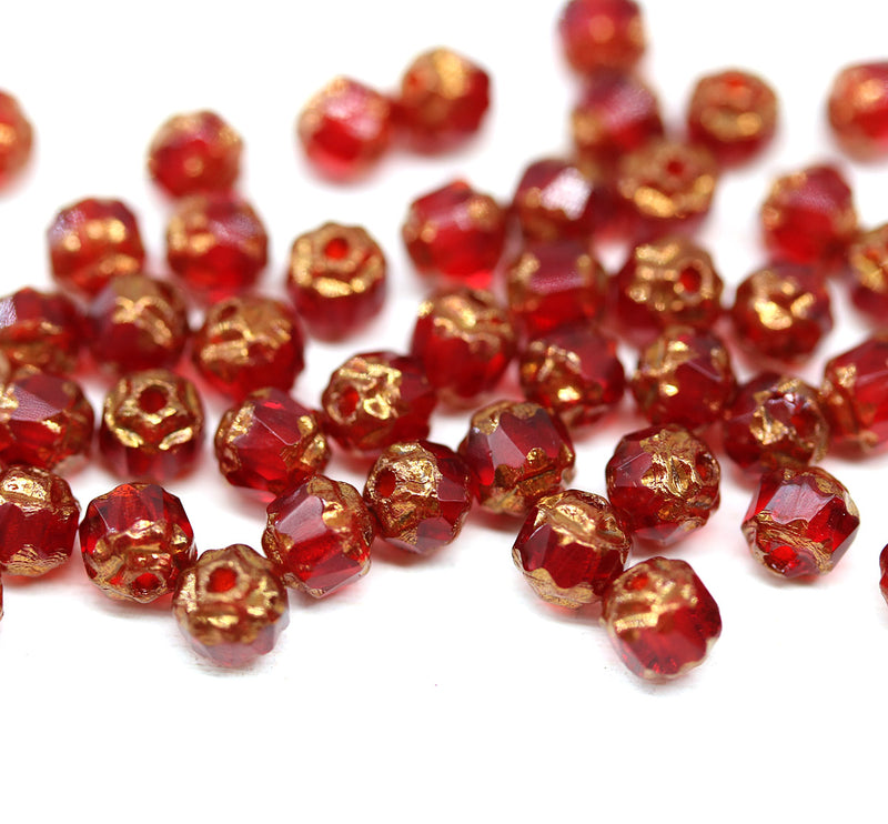 4mm Red glass cathedral czech glass beads, golden ends