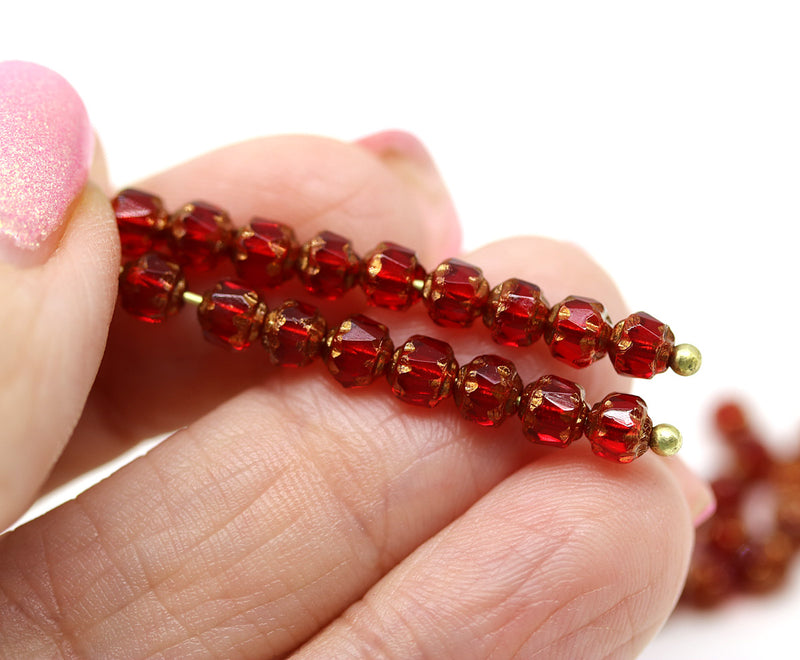 4mm Red glass cathedral czech glass beads, golden ends