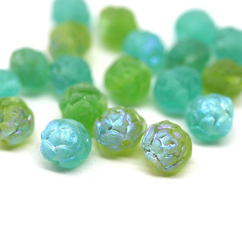 7mm Rose Bud Czech Glass Beads Green Mix 