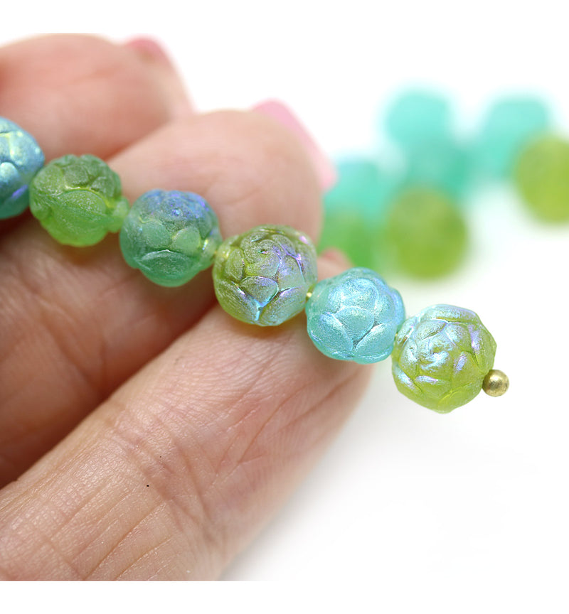 7mm Rose Bud Czech Glass Beads Green Mix 