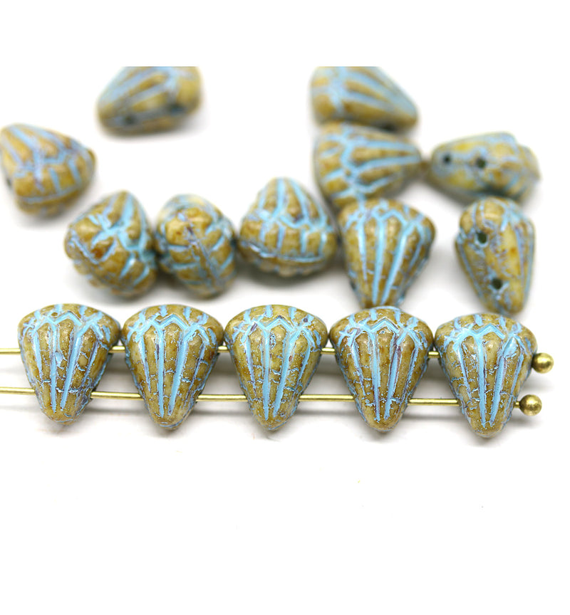 Lotus Czech glass beads Picasso Beige Blue: two hole