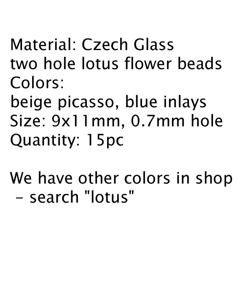 Lotus Czech glass beads Picasso Beige Blue: two hole, 15pc