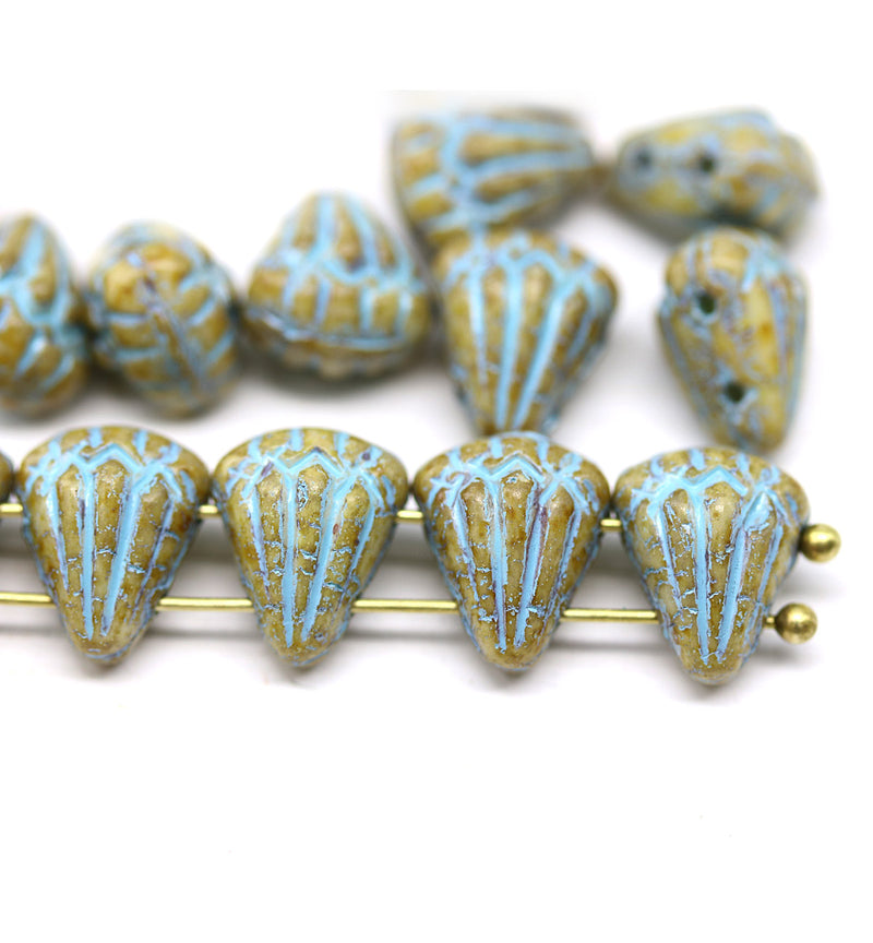 Lotus Czech glass beads Picasso Beige Blue: two hole