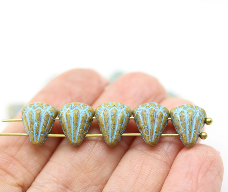Lotus Czech glass beads Picasso Beige Blue: two hole